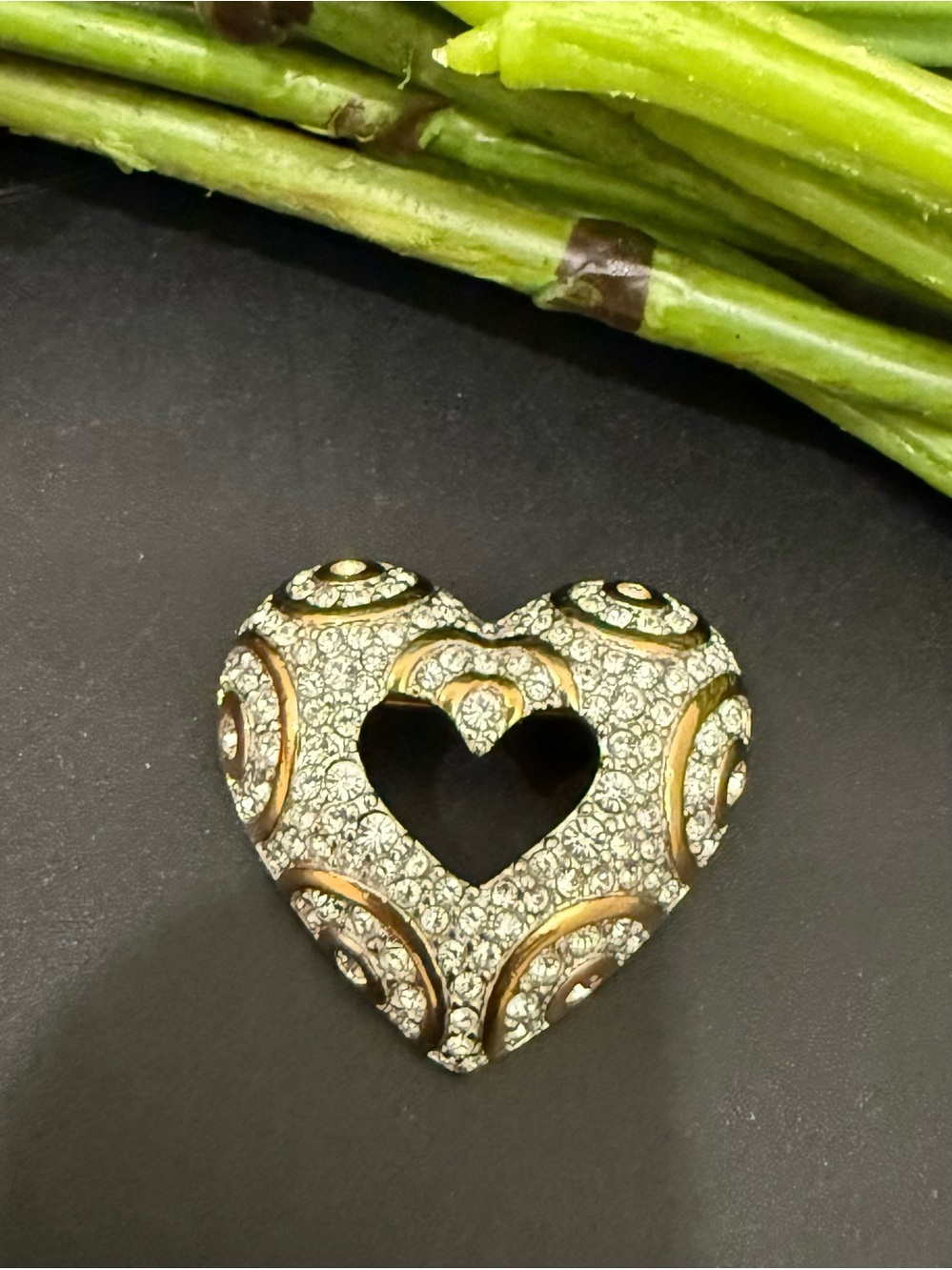 Vintage Retired SWAROVSKI Swan Signed Gold Open Heart Swirl Pave Crystal Brooch